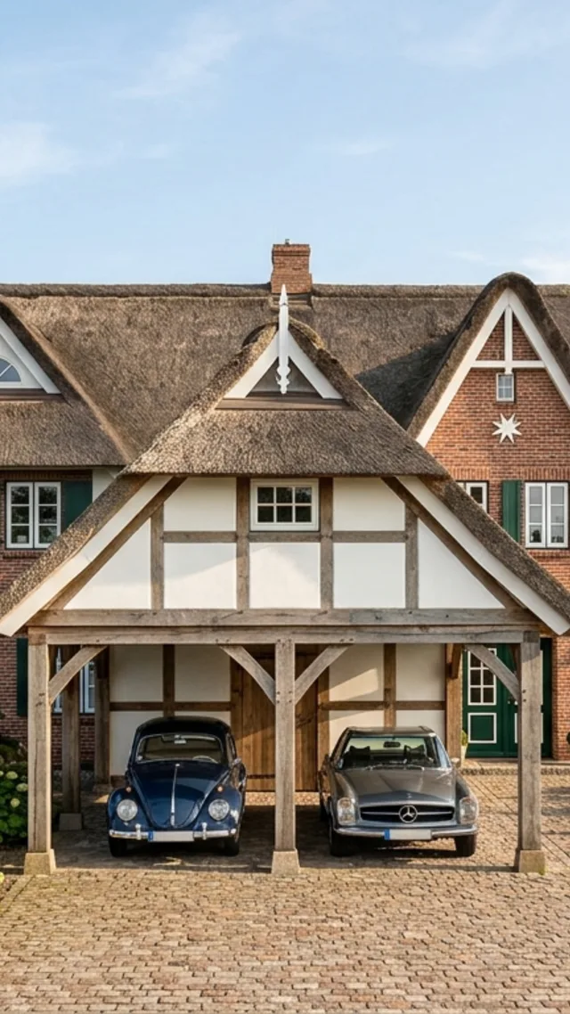 Reetdachhaus mit hölzernem Carport, unter dem ein VW Käfer und ein Mercedes Oldtimer parken