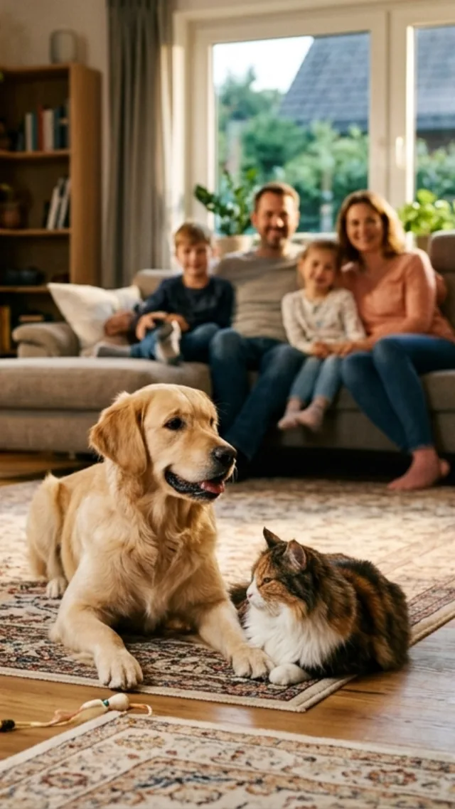 Familie mit Hund und Katze im gemütlichen Wohnzimmer, Terrarium und Aquarium im Hintergrund