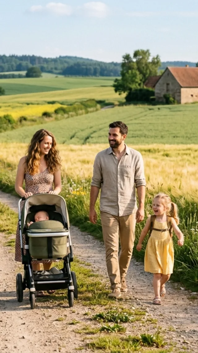 Familie spaziert mit Kinderwagen auf einem Feldweg durch die Landschaft