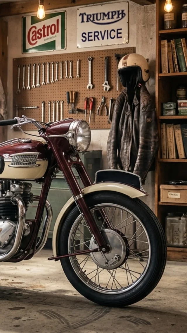 Restauriertes Oldtimer-Motorrad in einer rustikalen Werkstatt mit Werkzeug und Lederjacke