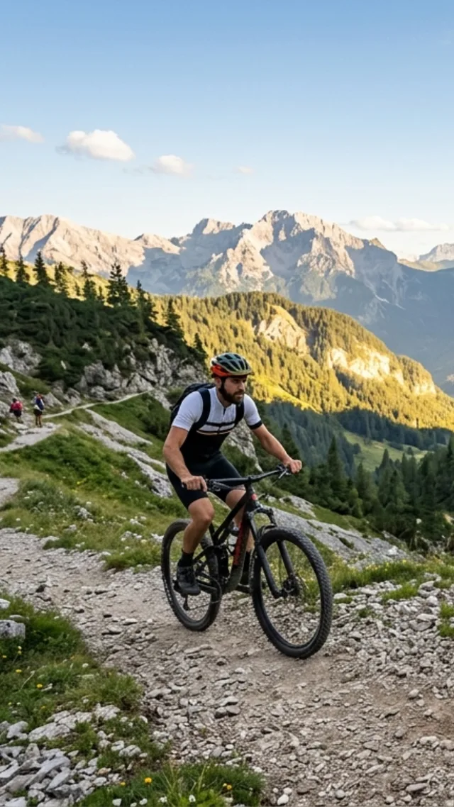 Mountainbiker auf einem Trail in den Alpen mit Bergpanorama im Hintergrund