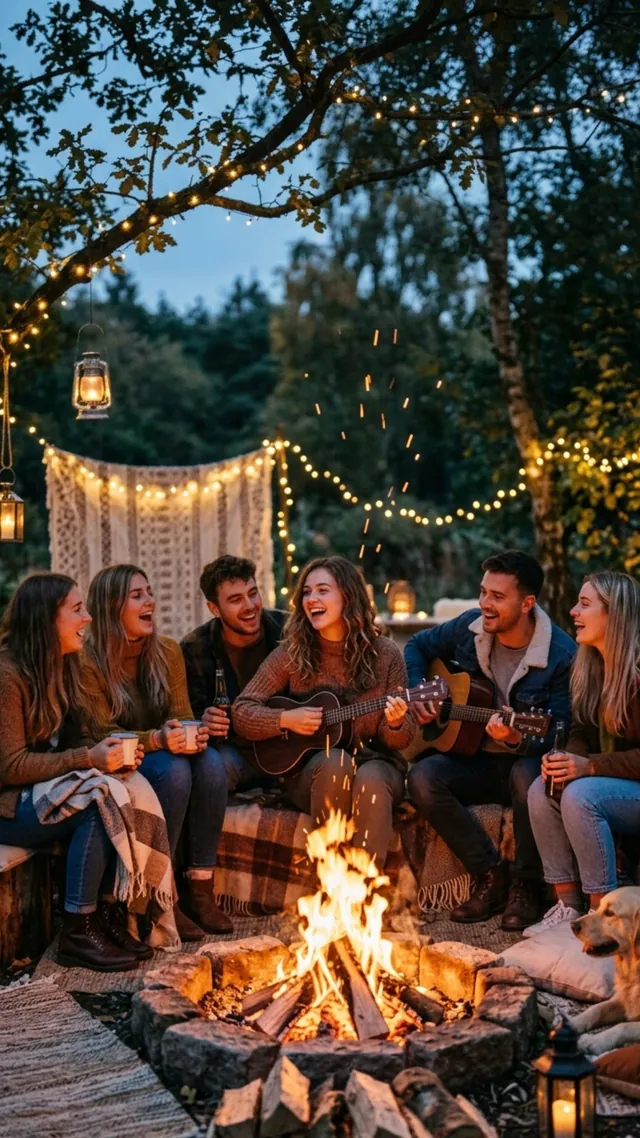 Freunde musizieren gemeinsam am Lagerfeuer mit Gitarre und Ukulele