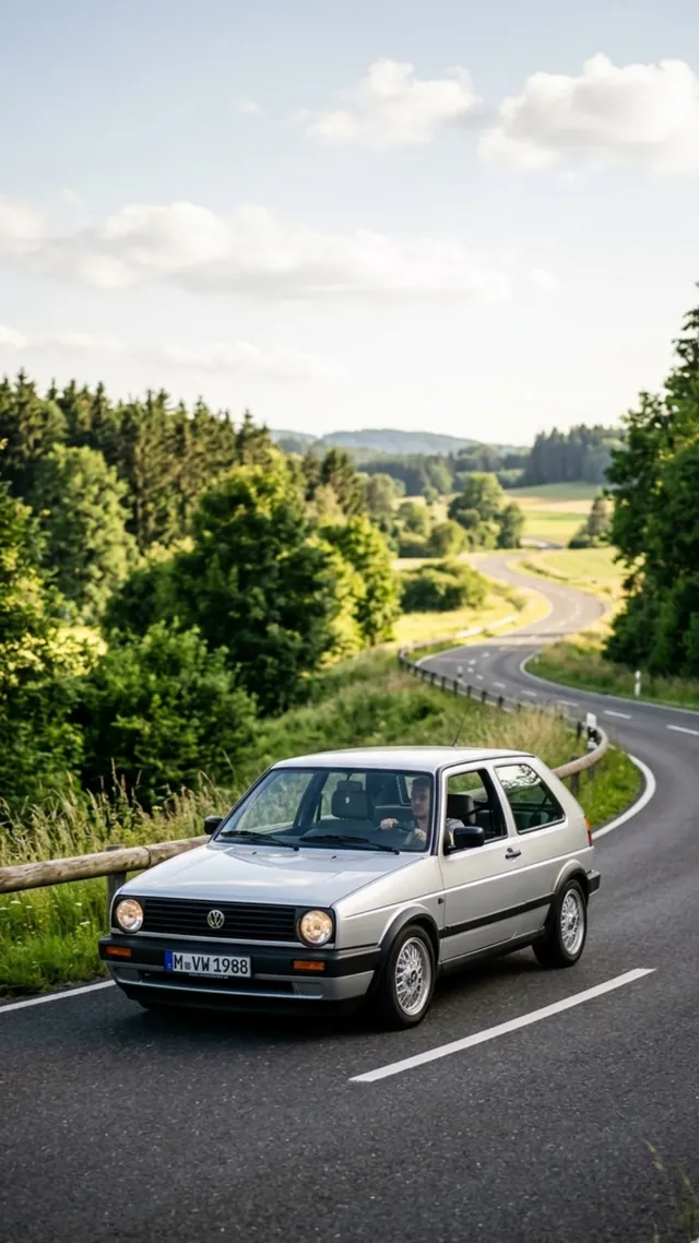 Silberner VW Golf 2 Oldtimer auf kurviger Landstraße im Grünen