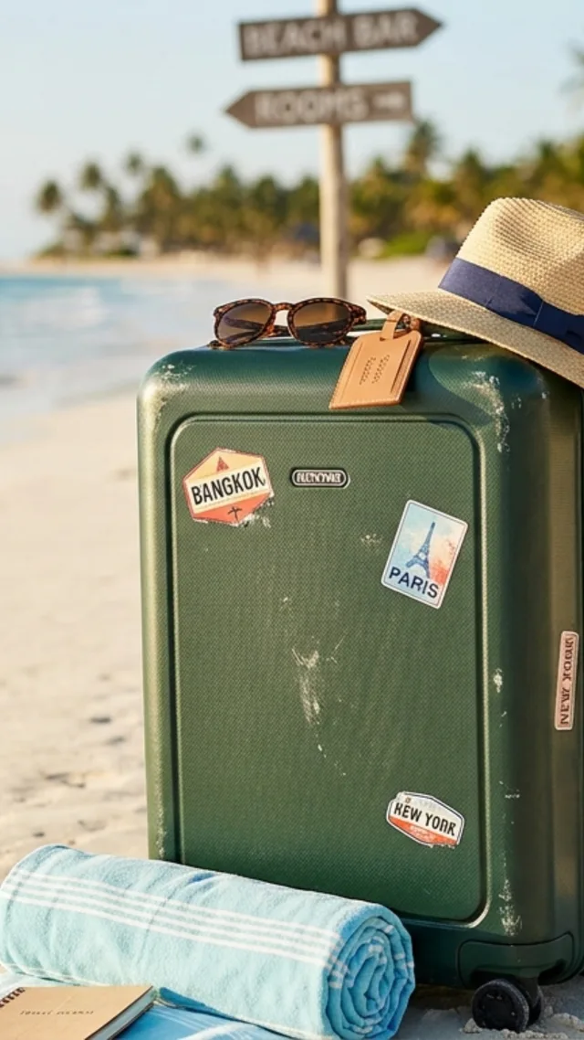 Grüner Hartschalenkoffer mit Reise-Aufklebern (Bangkok, Paris, New York) am Strand, mit Sonnenhut, Sonnenbrille und Strandtuch