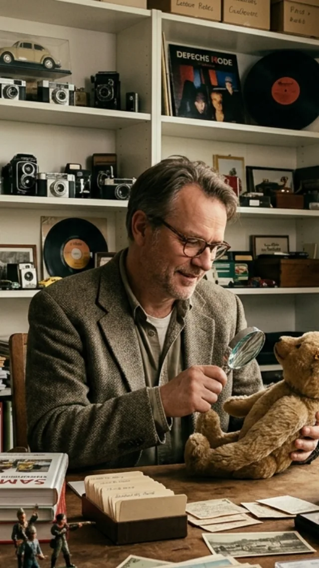 Sammler begutachtet mit einer Lupe einen alten Teddybären an einem Schreibtisch voller Sammelstücke wie Comics, Modellautos, Schallplatten und Kameras