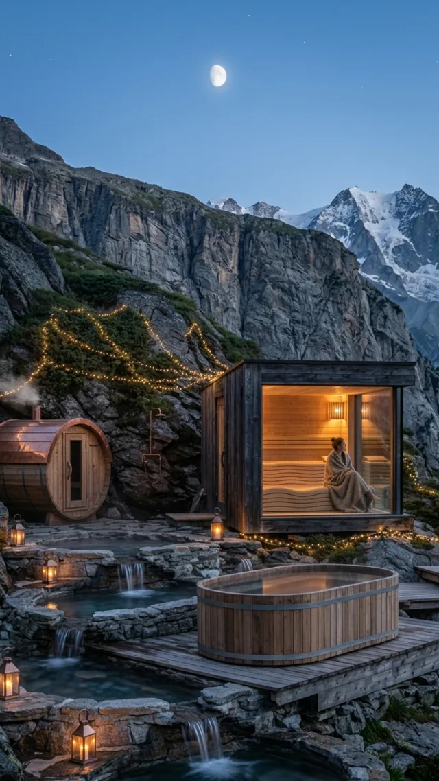Fasssauna und beleuchtete Outdoor-Sauna mit Panoramafenster vor nächtlicher Bergkulisse