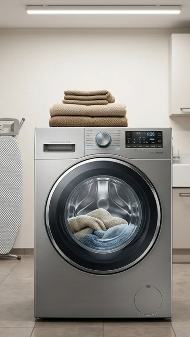 Moderne Waschmaschine mit gefalteten Handtüchern obenauf in einem hellen Badezimmer