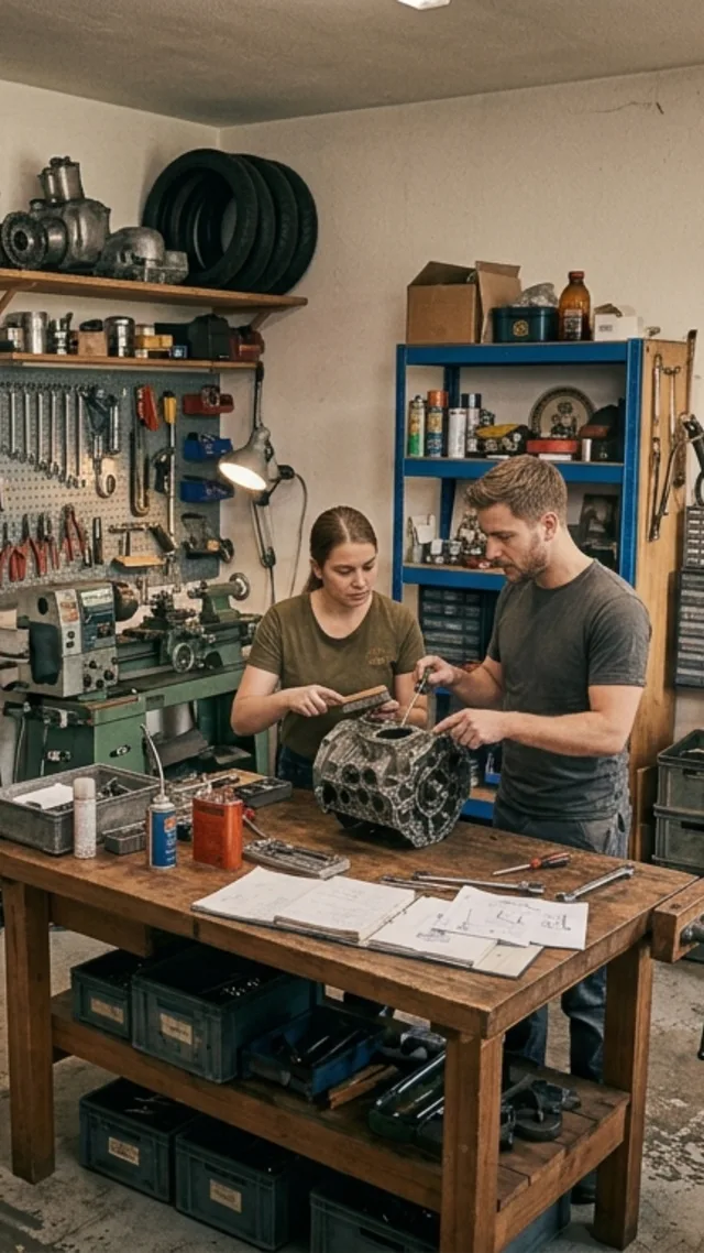 Zwei Schrauber arbeiten gemeinsam an einem Motorblock in einer gut organisierten Werkstatt